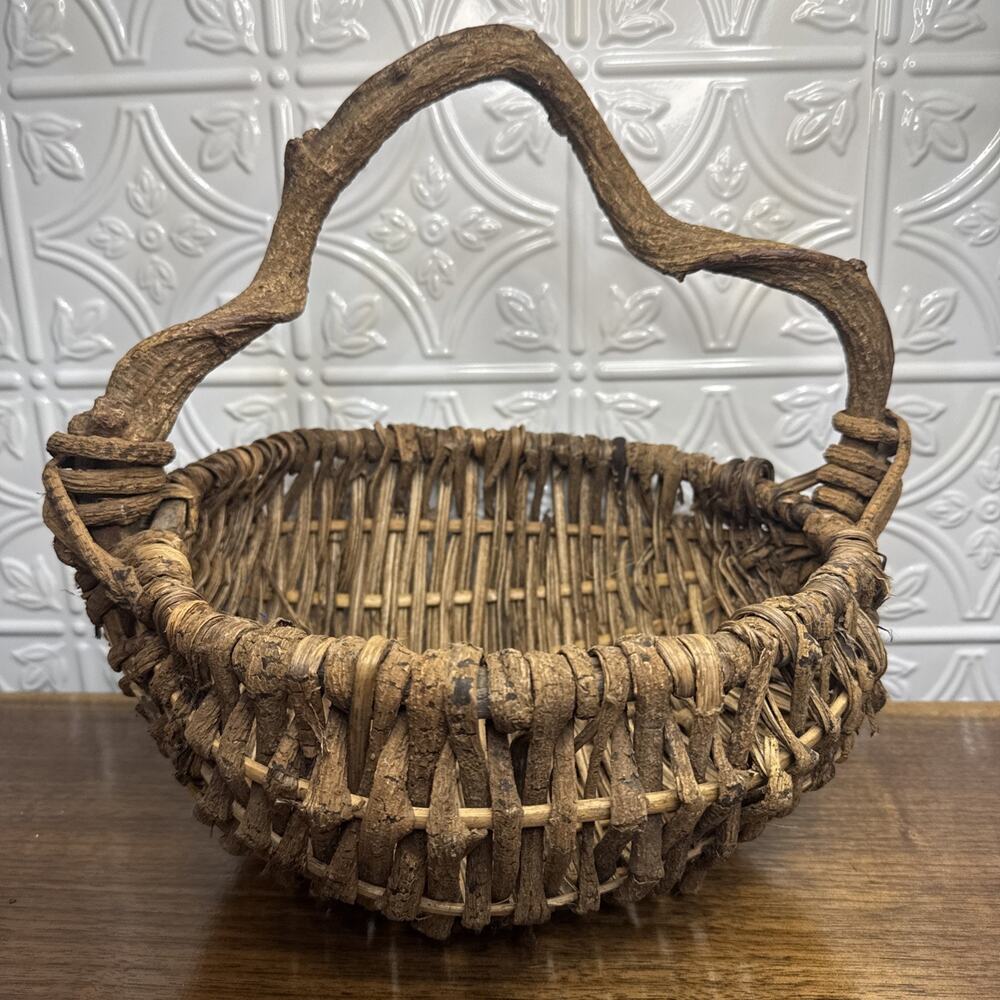 Unique Woven Basket Twisted Vine Branch Handle Wood Brown Gatherer